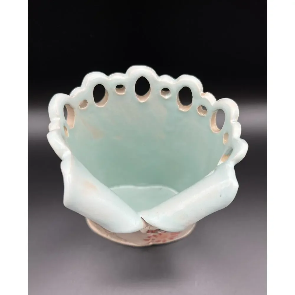 Deb Babcock Blue Sky Art Pottery Vase 5.5” Fox & Florals Whimsical Signed